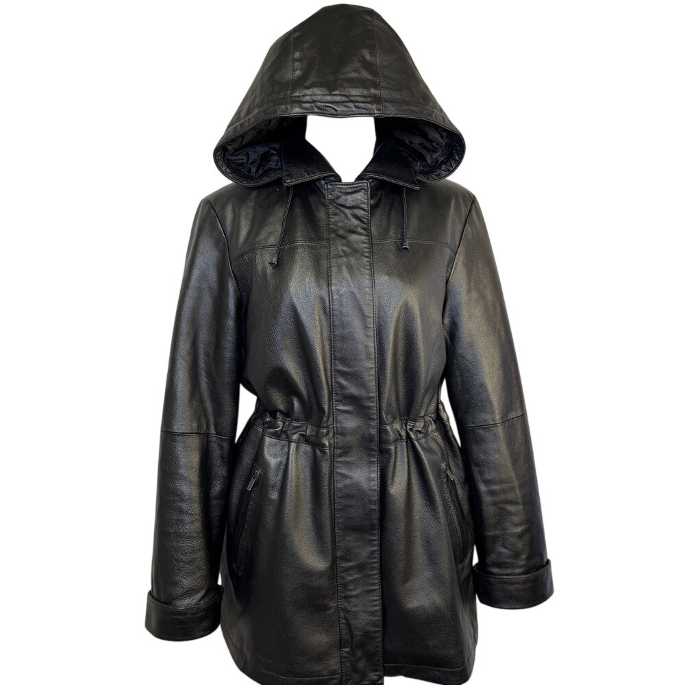 Vintage Studio C Leather Coat With Removable liner & Hood Adjustable Cinch Waist